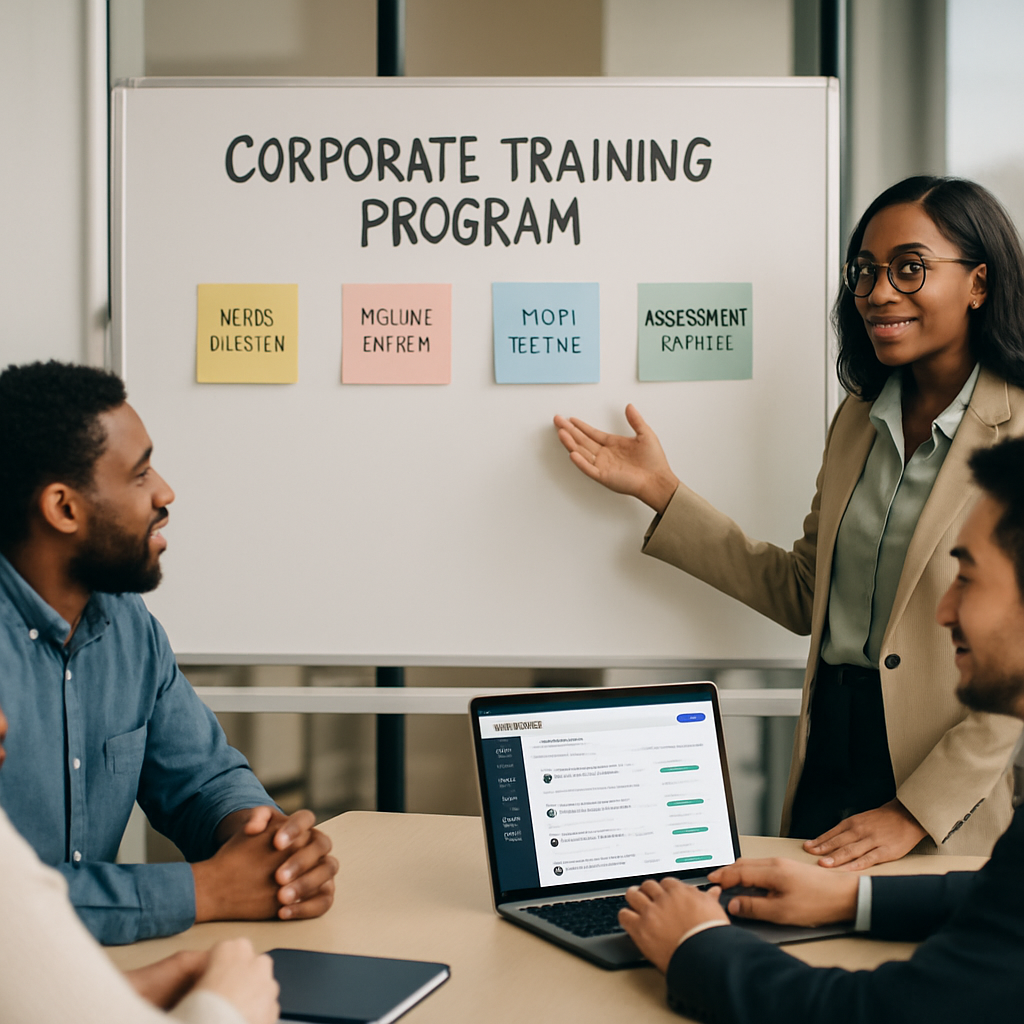 Diverse team discussing a corporate training program in a modern office, with a whiteboard