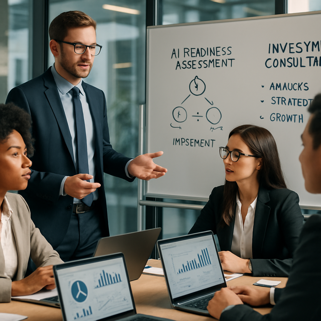 A diverse group of professionals engaged in a strategic consulting meeting in a modern