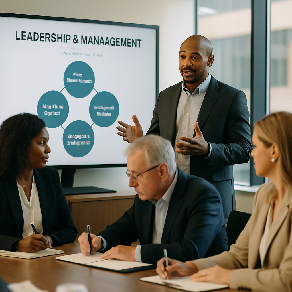 Executives participating in a leadership training session, focusing on management skills development.