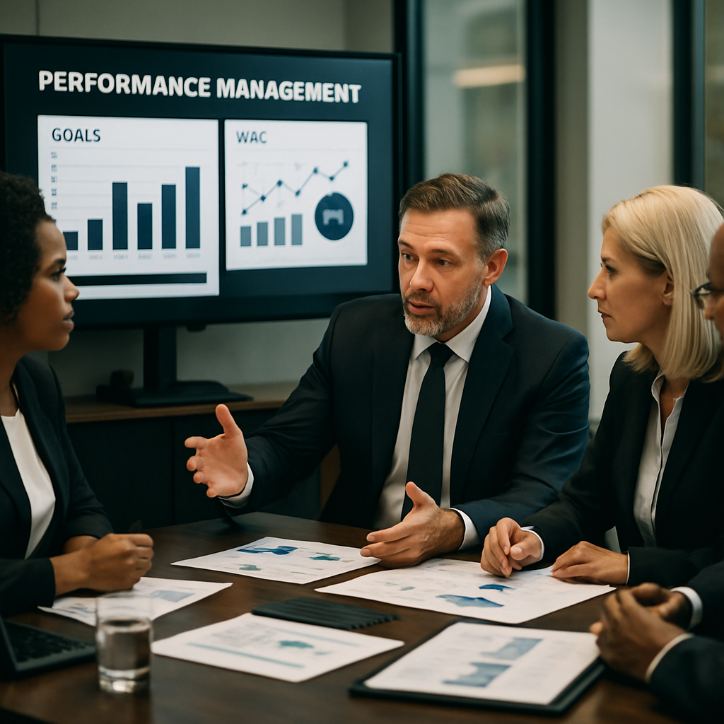 A group of managers in a modern office discussing performance management strategies with charts