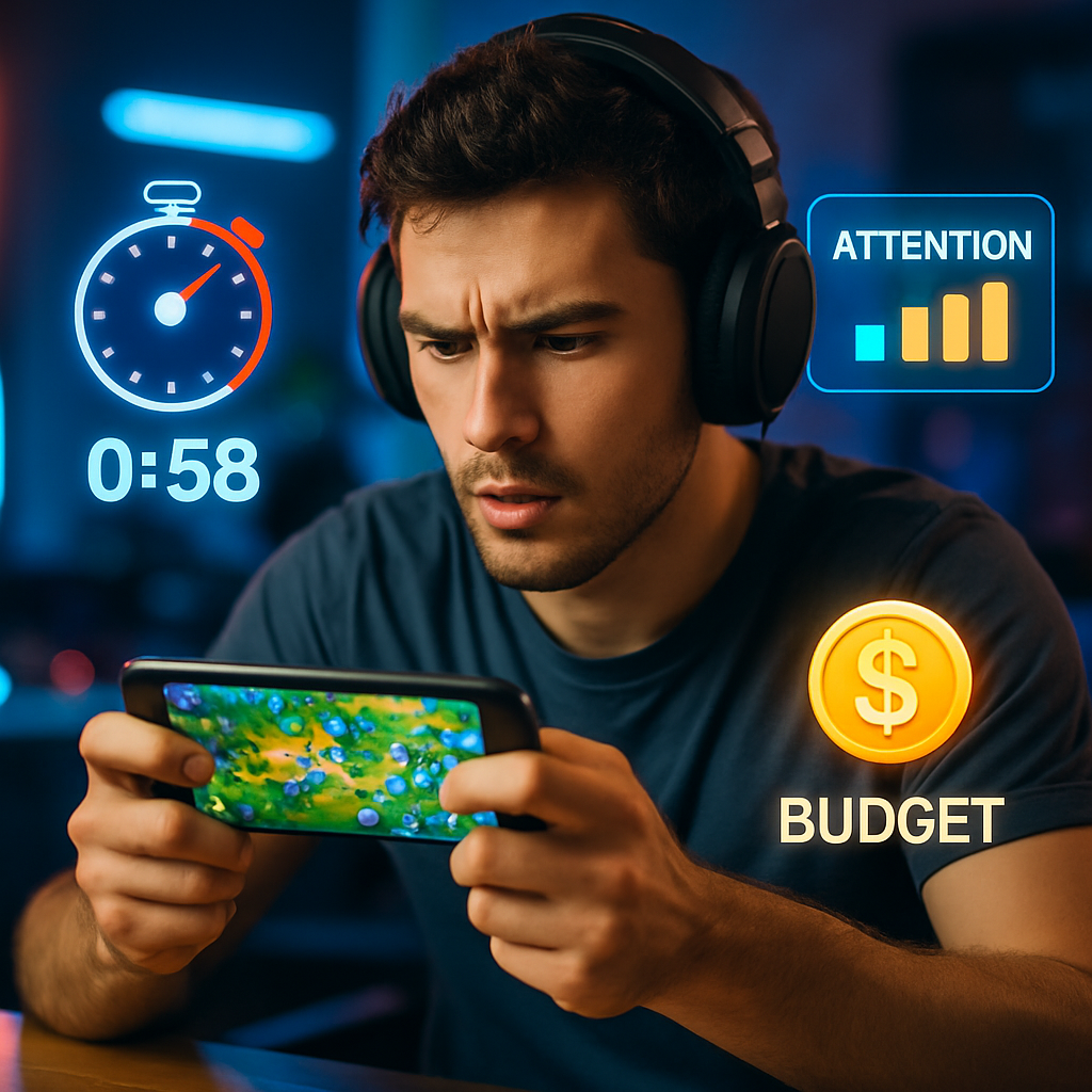 A focused gamer immersed in a mobile gaming session, showcasing elements of speed, attention,